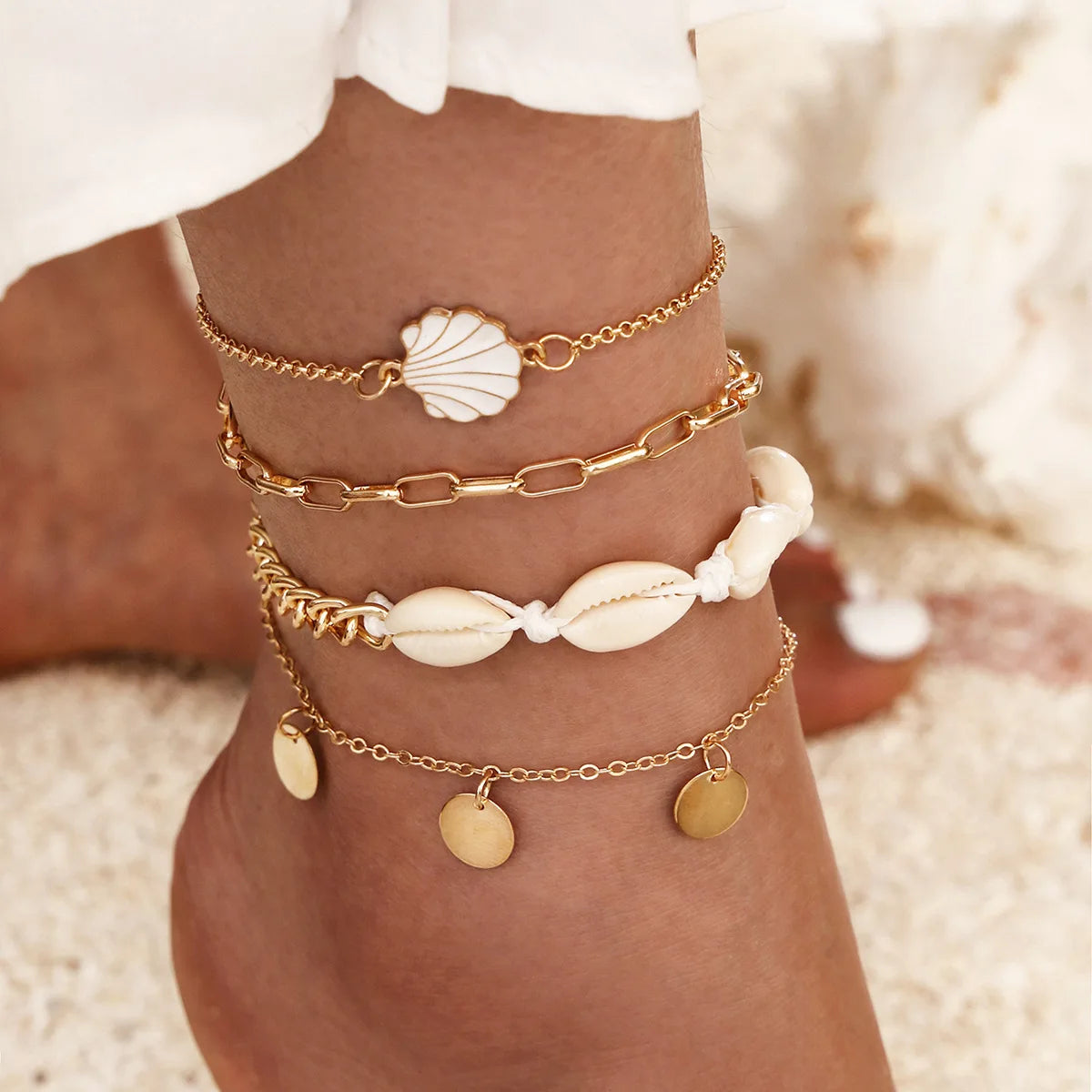 Bohemia Shell Chain Anklet Sets for Women Sequins Ankle Bracelet on Leg Foot Trendy Summer Beach Jewelry Gift