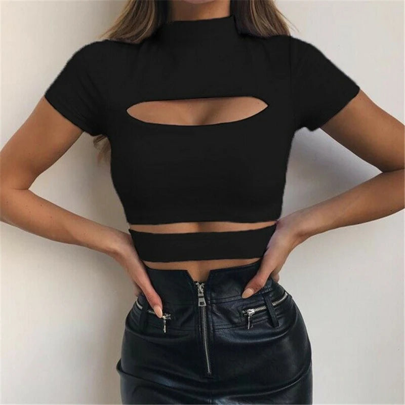 Fashion Female Casual Sexy Chest Hollow Out Crop Top Solid Sexy Women Slim Tops Tee Shirt
