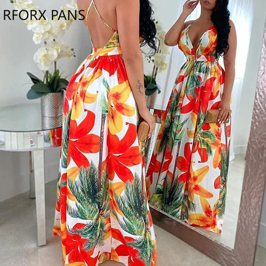 Floral Print Backless Maxi Dress Summer Dress Women Fashion Party Elegant Clothes