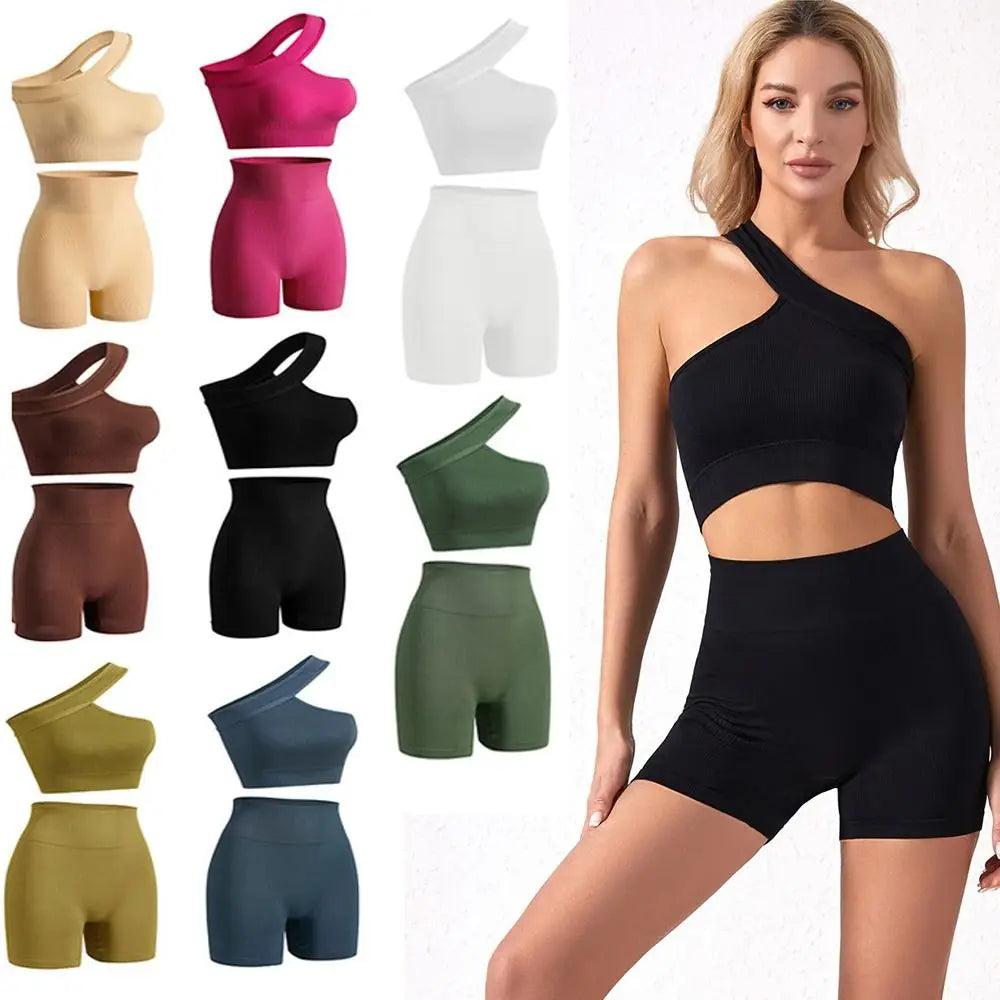 2Pcs Seamless Women Workout Sets Casual Ribbed One Shoulder Active Wear Tank Tops High Waist Sports Bra Fitness